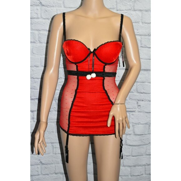 NWT CARRIE AMBER S RED SWISS DOT POM POM CHRISTMAS HOLIDAY LINGERIE CORSET TEDDY - Picture 1 of 11